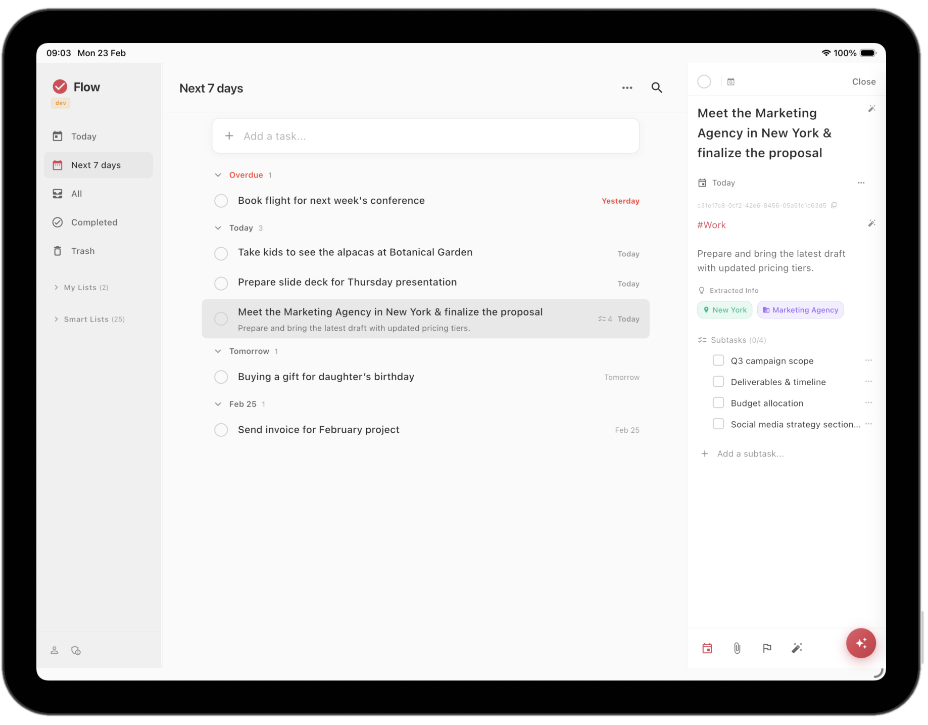 Flow Tasks full layout on iPad with task detail panel